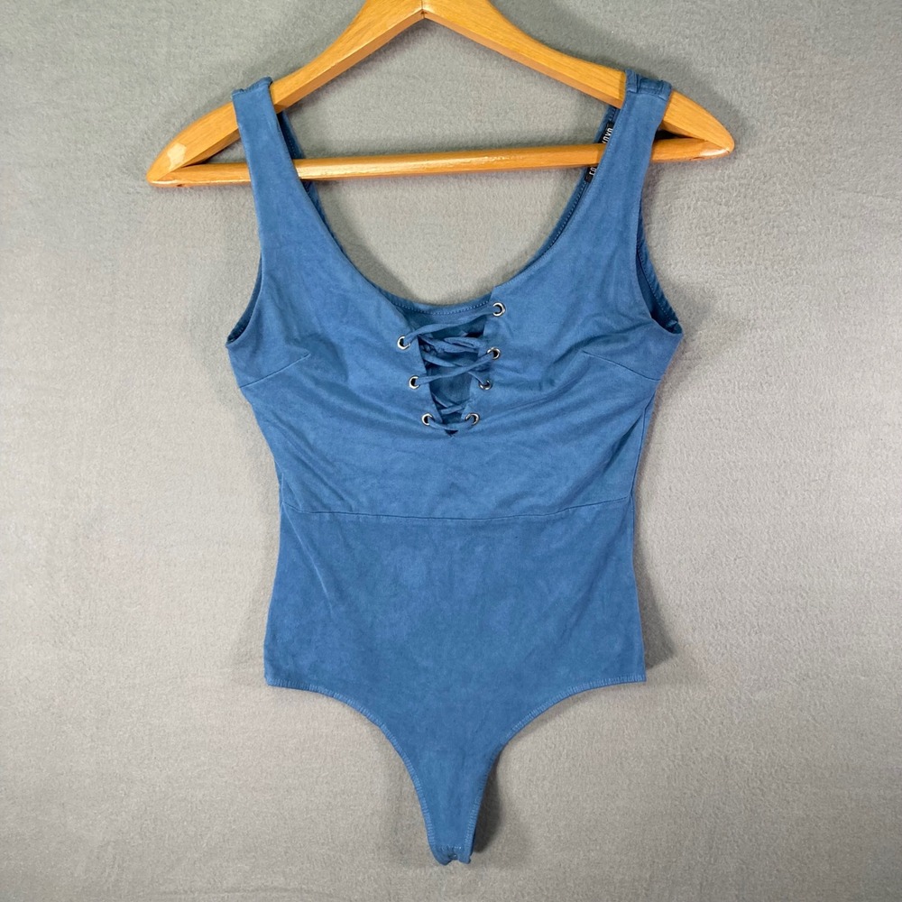 Fashion Nova Bodysuit Womens Medium Blue Lace Up Sleeveless Tank Top USA